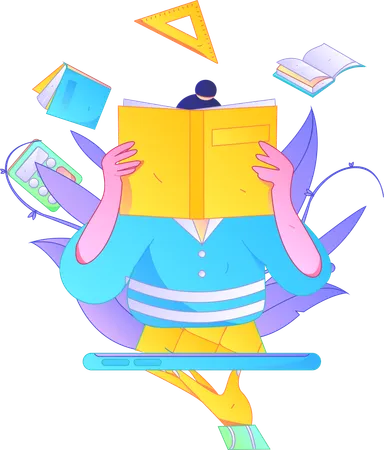 Chica usando un libro de lectura en línea con un móvil  Ilustración