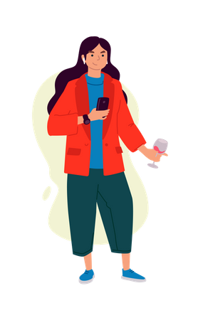 Chica usando el teléfono mientras toma vino  Ilustración