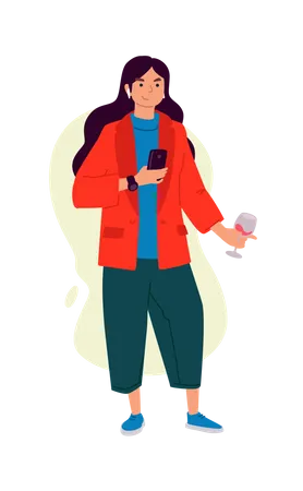 Chica usando el teléfono mientras toma vino  Ilustración