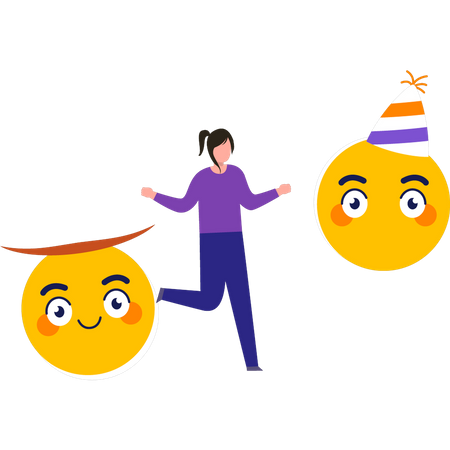 Chica usando emojis de fiesta  Ilustración