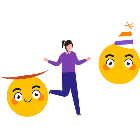 Chica usando emojis de fiesta  Ilustración