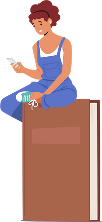Chica usando la biblioteca en línea  Ilustración