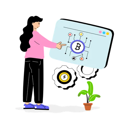 Chica usando la red Bitcoin  Ilustración