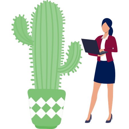 Chica usando una computadora portátil cerca de una planta de cactus  Ilustración