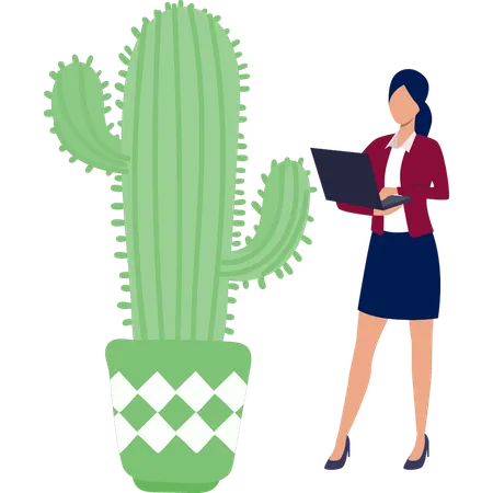 Chica usando una computadora portátil cerca de una planta de cactus  Ilustración