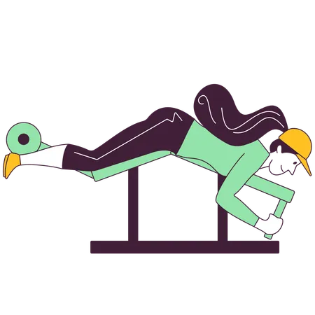 Chica usando máquina de curl de piernas en el gimnasio  Ilustración