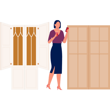 Chica usando un móvil cerca del cristal de una ventana  Illustration