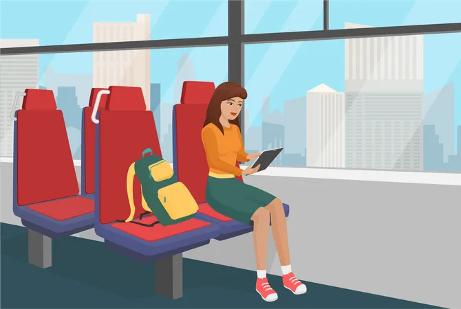 Chica viajando en autobús  Ilustración