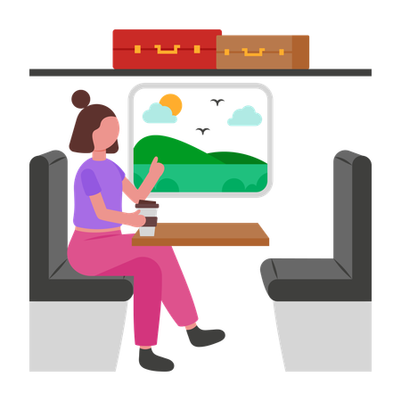 Chica viajando en tren  Ilustración