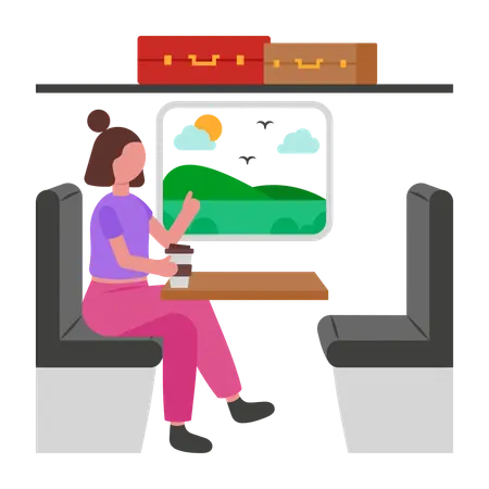 Chica viajando en tren  Ilustración