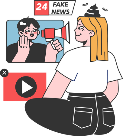 Chica viendo anuncio de noticias falsas  Ilustración