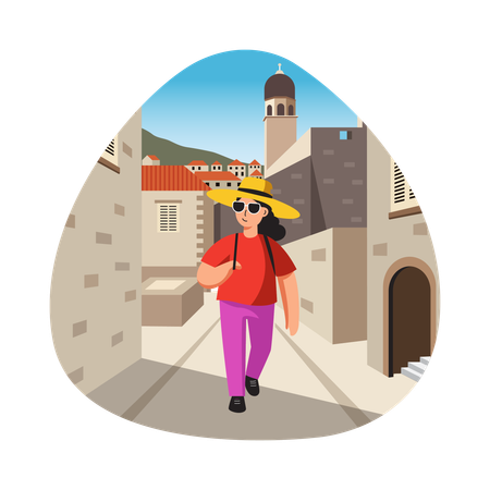 Chica visitando una ciudad europea  Ilustración