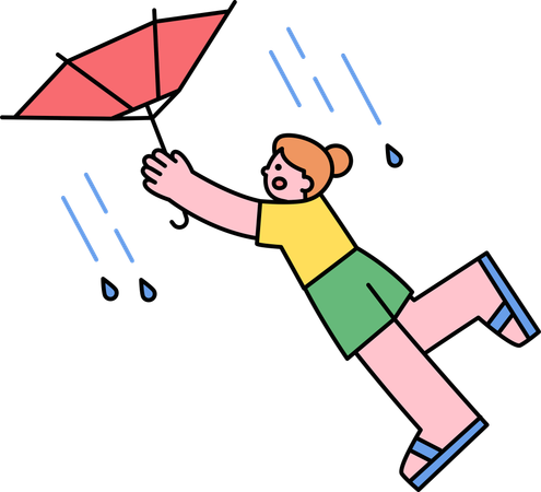 Niña volando con lluvia y viento extremos  Ilustración