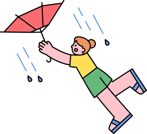 Niña volando con lluvia y viento extremos  Ilustración