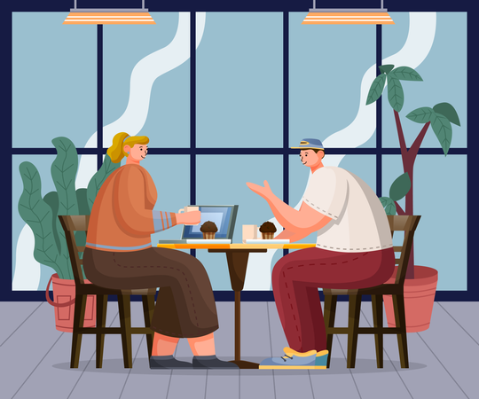 Chica y chico conversando mientras se relajan en un café con una taza de café o té  Ilustración