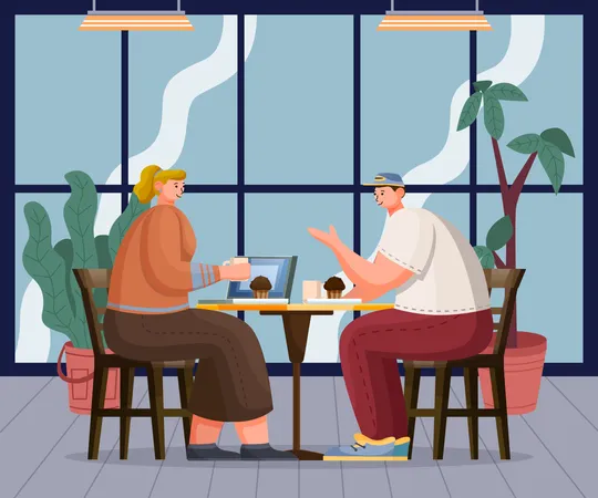 Chica y chico conversando mientras se relajan en un café con una taza de café o té  Ilustración