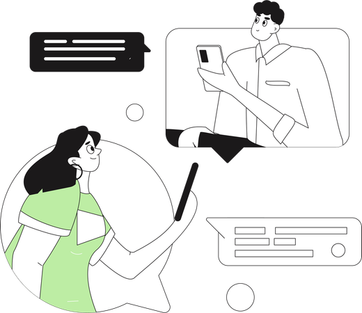 Chica y hombre chateando por el móvil  Ilustración