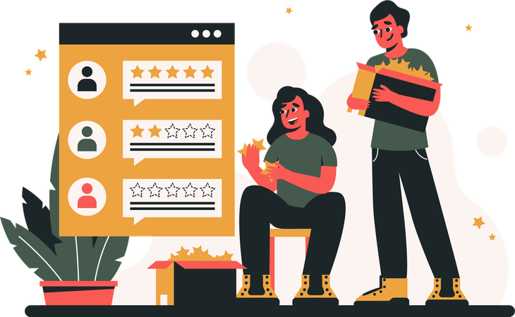 Chica y hombre dando reseña de cliente.  Ilustración