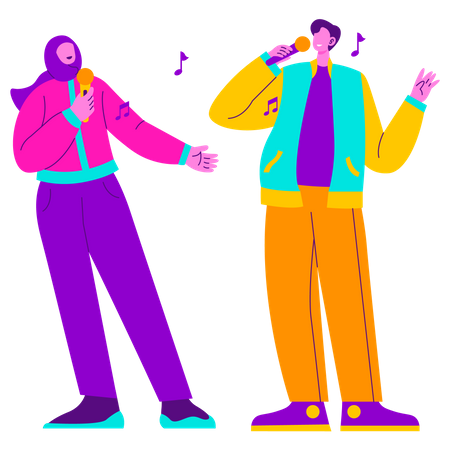 Chica y hombre disfrutando del Karaoke  Ilustración