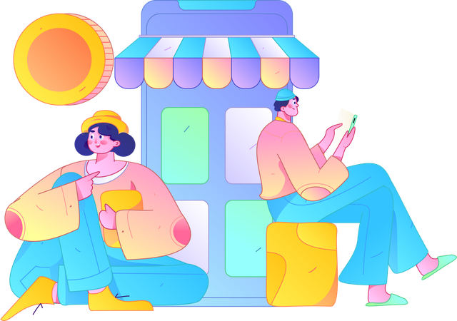 Chica y hombre haciendo compras digitales  Ilustración