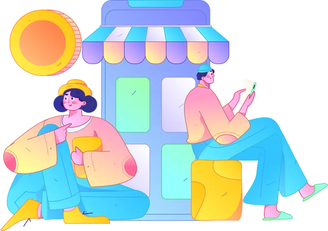 Chica y hombre haciendo compras digitales  Ilustración