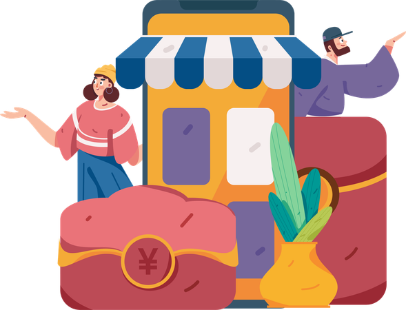 Chica y hombre haciendo compras en línea  Ilustración