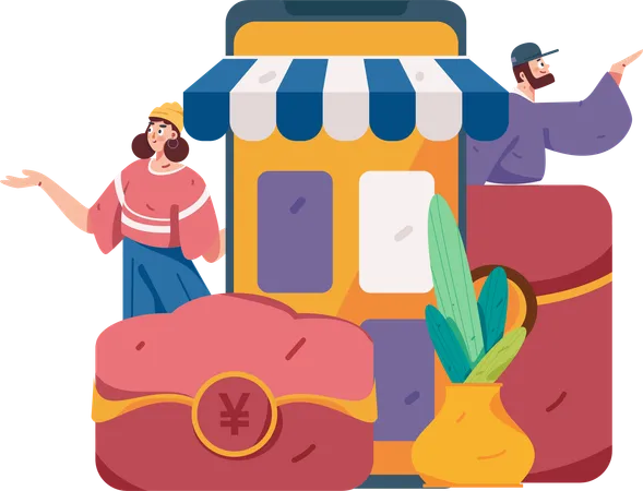 Chica y hombre haciendo compras en línea  Ilustración