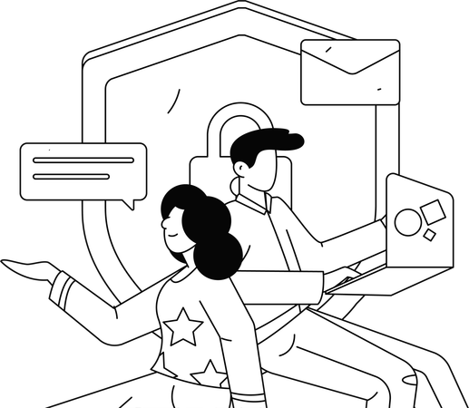 Chica y hombre trabajando en la protección del correo electrónico  Ilustración