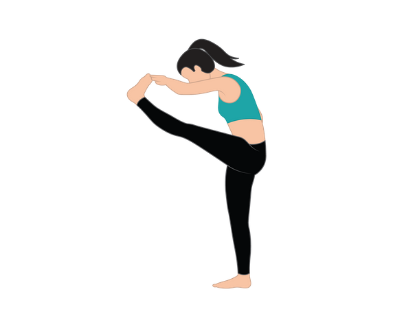 Chica de yoga parada sobre una pierna y toca el dedo del pie con la mano  Ilustración