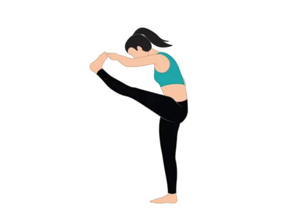 Chica de yoga parada sobre una pierna y toca el dedo del pie con la mano  Ilustración