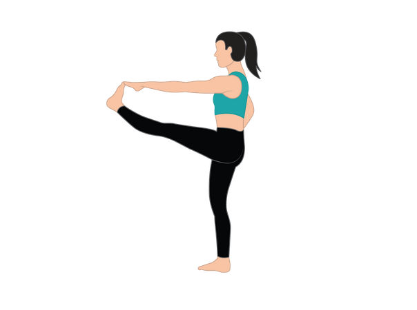 Chica de yoga parada sobre una pierna y toca el dedo del pie con la mano  Ilustración