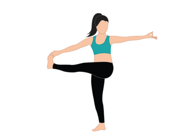 Chica de yoga parada sobre una pierna y toca el dedo del pie con la mano  Ilustración