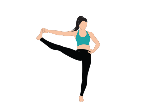 Chica de yoga parada sobre una pierna y toca el dedo del pie con la mano  Ilustración