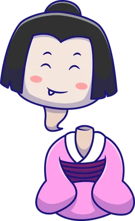 Chica Yokai sonriente sentada con un kimono rosa  Ilustración