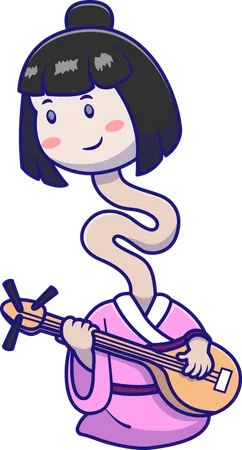 Chica Yokai tocando la guitarra acústica  Ilustración