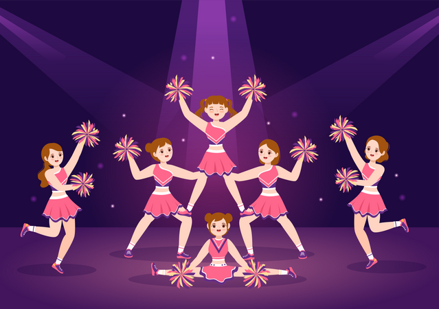 Chicas animadoras con pompones bailando por la noche  Ilustración