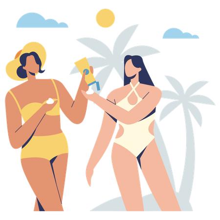 Chicas aplicando crema solar mientras disfrutan en la playa  Ilustración