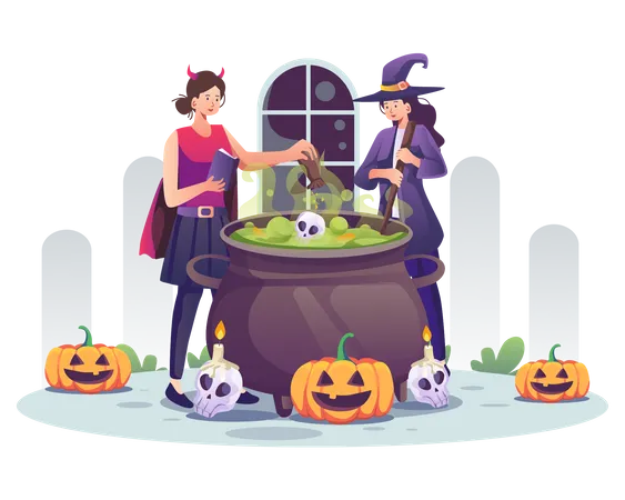Chicas brujas haciendo poción de Halloween  Ilustración
