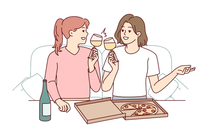 Chicas comiendo pizza  Ilustración