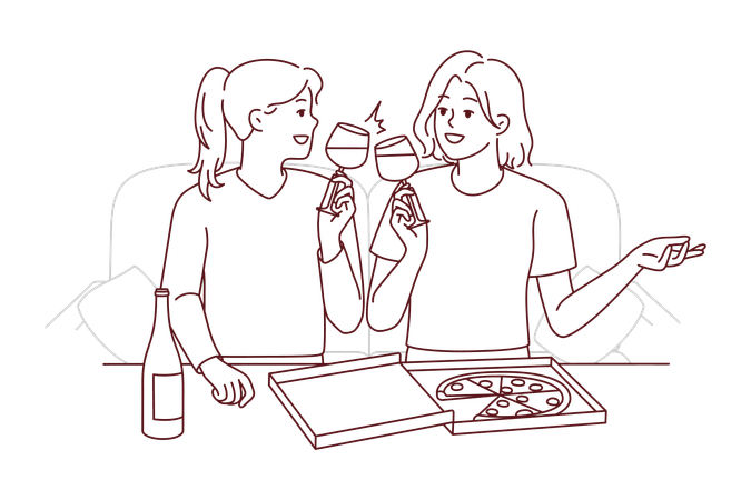 Chicas comiendo pizza  Ilustración