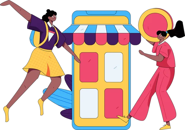 Chicas haciendo compras en línea  Ilustración