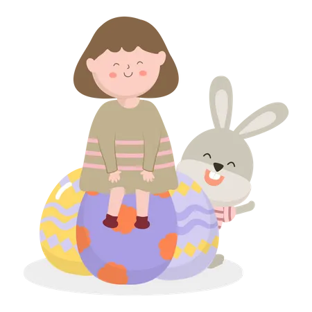 Chicas con conejo divertido y hermosos huevos de Pascua.  Ilustración