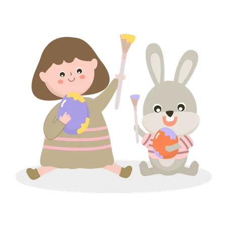 Chicas con divertido conejo y huevo de pascua.  Ilustración