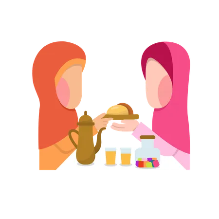 Chicas con hiyab haciendo el iftar  Ilustración