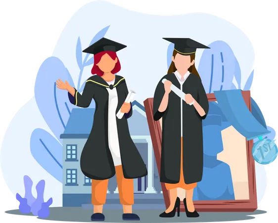 Chicas con título de graduación.  Ilustración