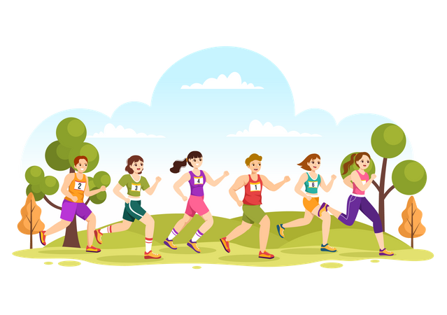 Chicas corriendo en carrera de maratón  Ilustración