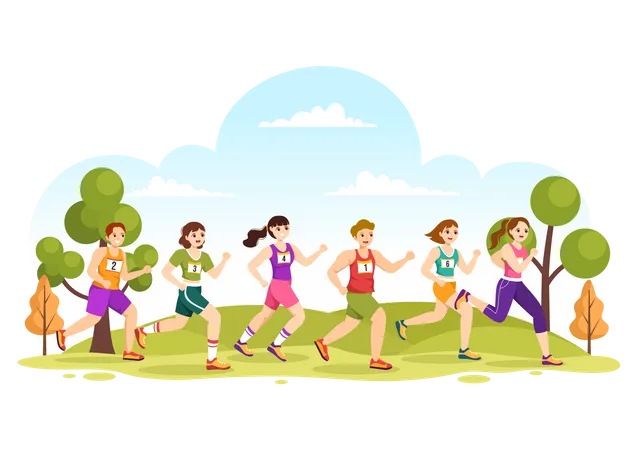 Chicas corriendo en carrera de maratón  Ilustración