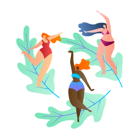 Las chicas de la playa bailan en traje de baño.  Ilustración