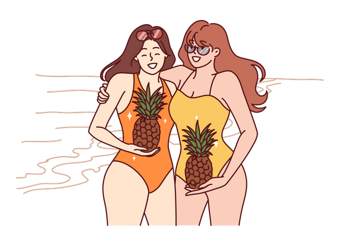 Chicas de playa sosteniendo piña  Ilustración