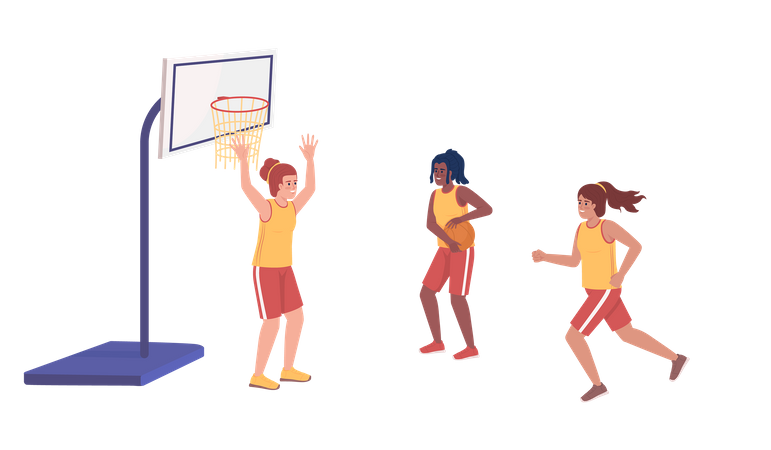 Chicas deportivas jugando baloncesto juntas  Ilustración